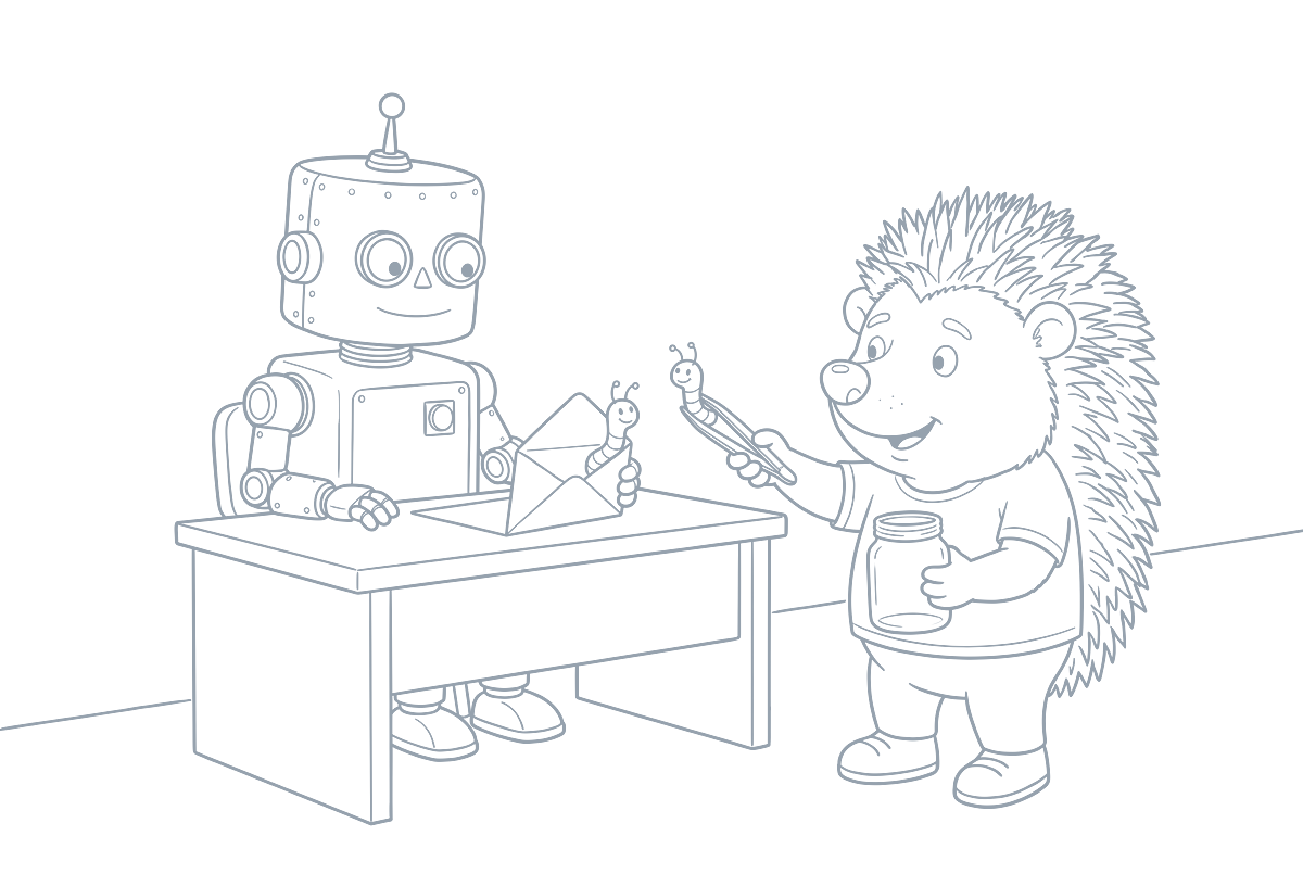 Strichzeichnung: Aus dem Brief, den der Roboter öffnet, kriecht ein Wurm, der Igel fängt ihn mit der Pinzette und hält ein Glas bereit