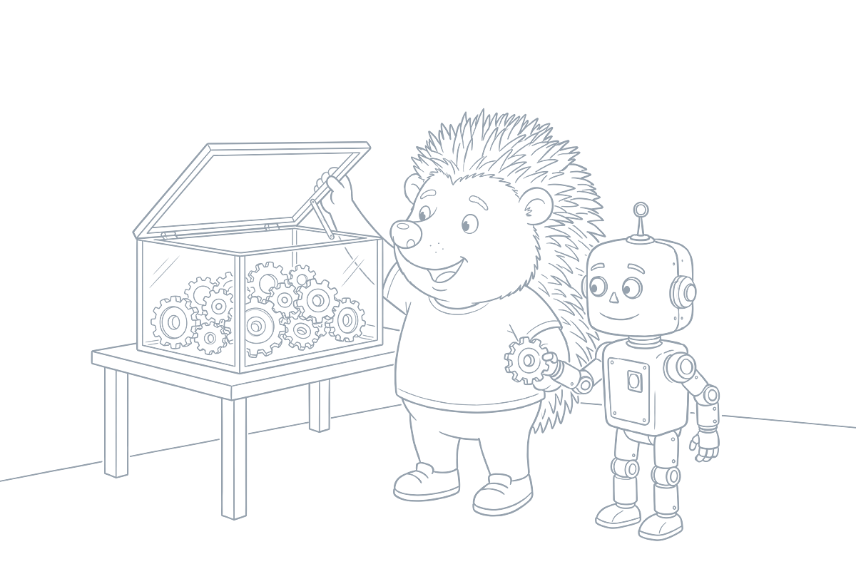 Strichzeichnung: Der Igel öffnet eine gläserne Kiste voller Zahnräder, der Roboter reicht ihm ein weiteres
