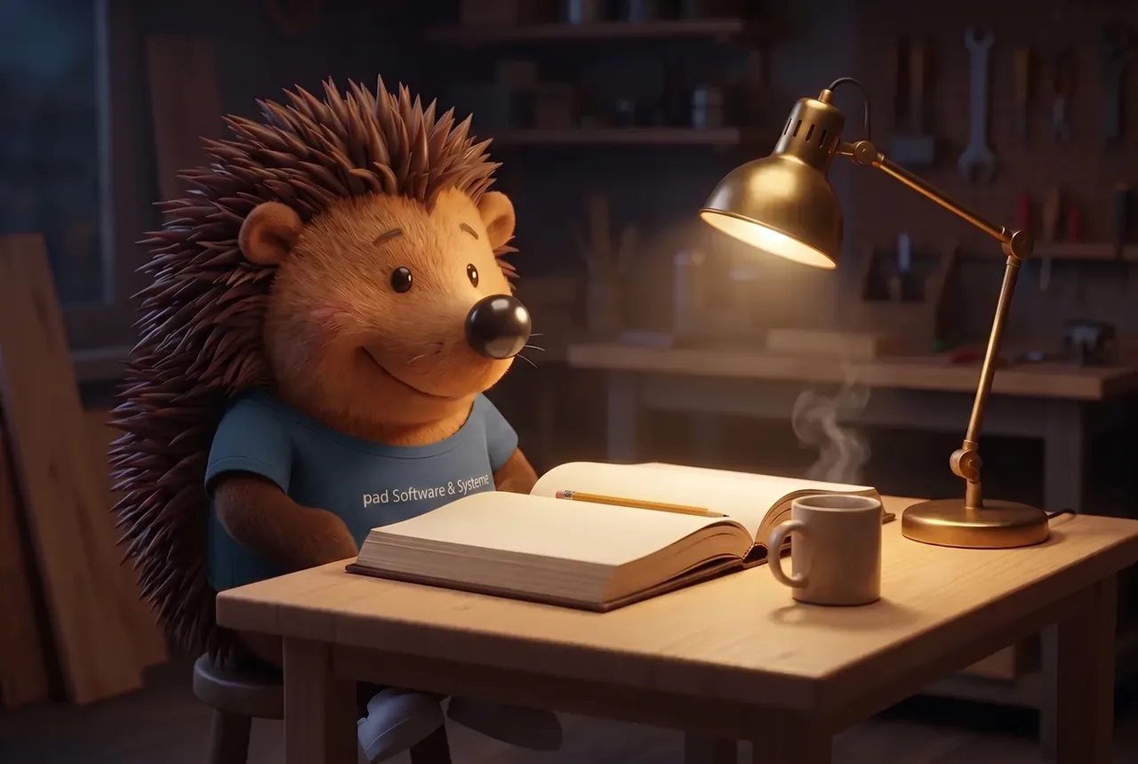 Der Nighthog sitzt abends am Werkbanktisch über einem aufgeschlagenen Logbuch, daneben eine Messinglampe