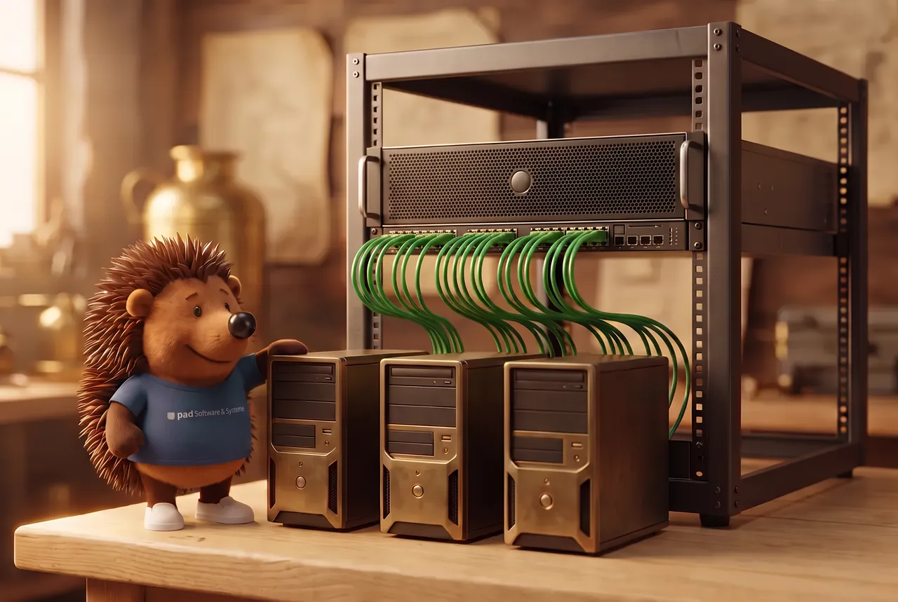 Der Nighthog steht neben drei älteren Tower-Servern, die mit einem größeren Server im Rack verbunden sind