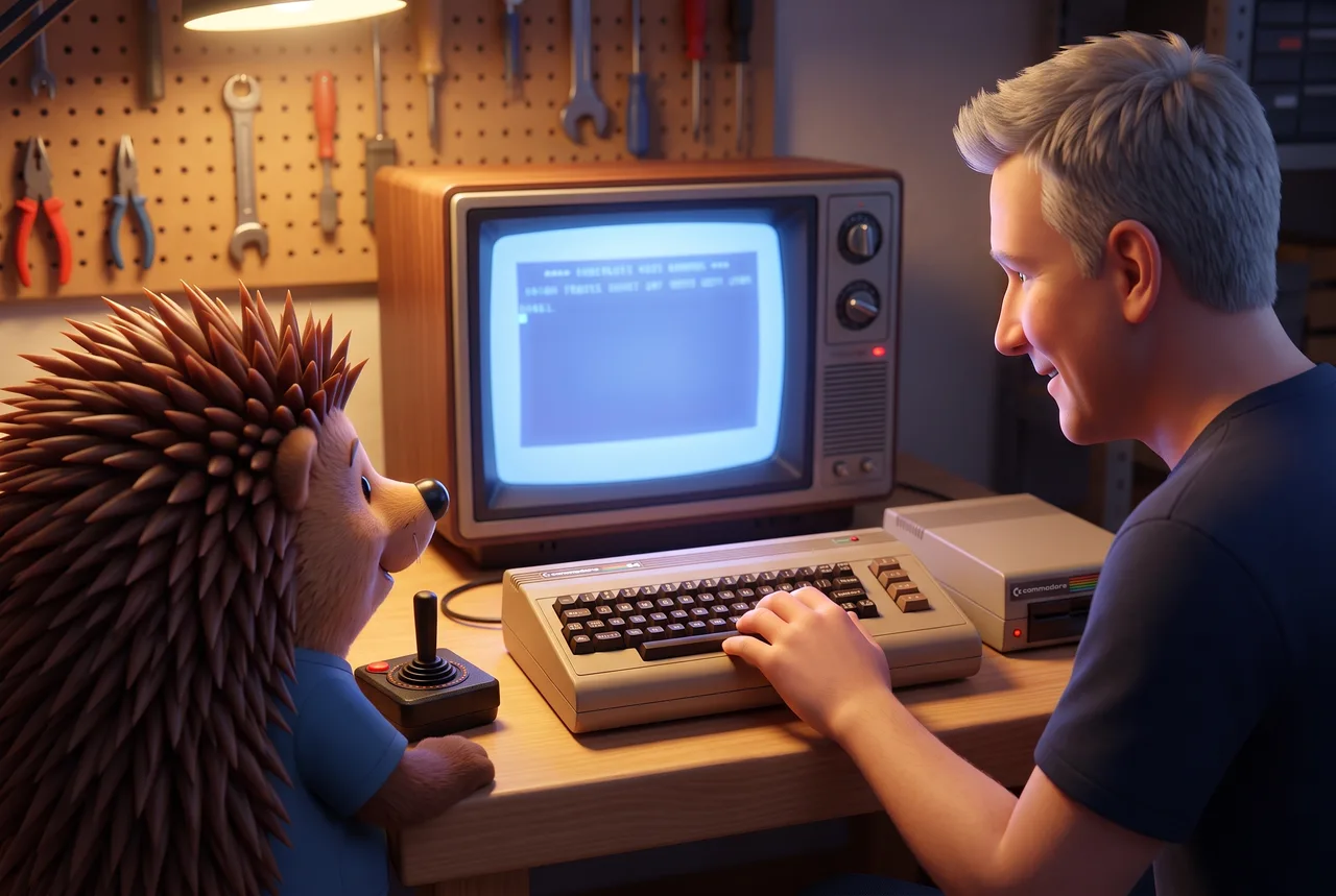 Über die Schultern aufgenommen: der Nighthog mit Joystick und Martin Ehe an einem Commodore 64 mit 1541-Laufwerk, davor ein Röhrenfernseher mit dem blauen Startbildschirm