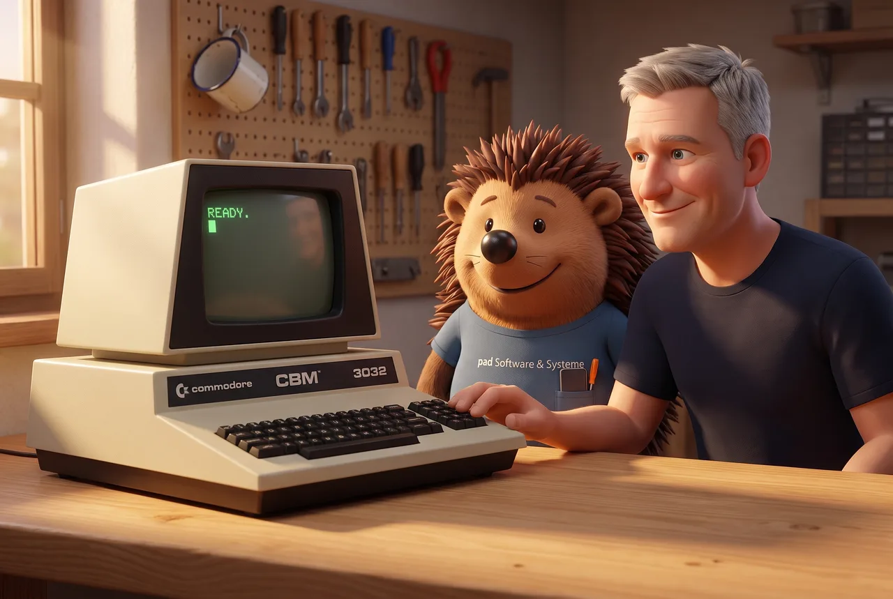 Der Nighthog und Martin Ehe an einer Werkbank vor einem Commodore CBM 3032
