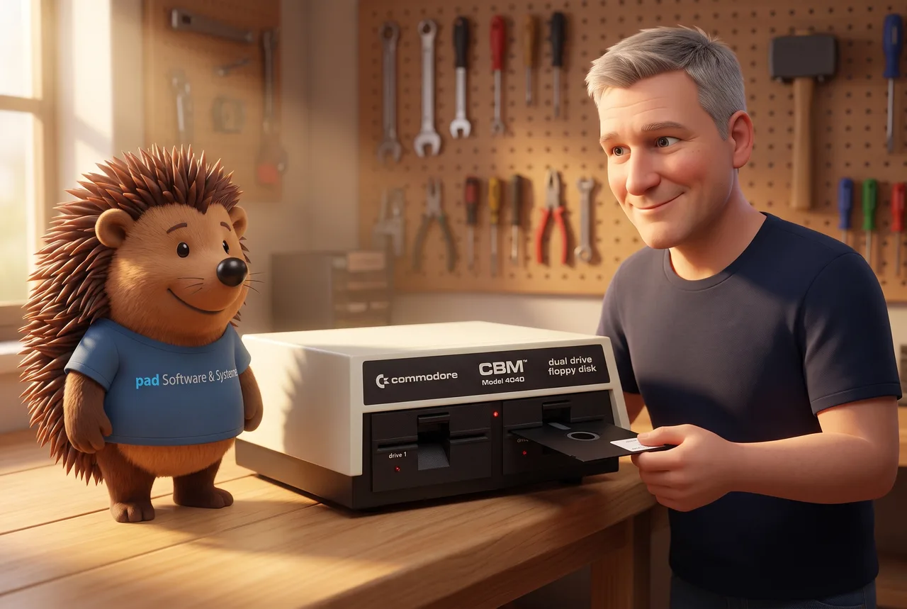 Der Nighthog und Martin Ehe an der Werkbank mit einem Commodore CBM 4040: flacher Kasten mit schwarzer Front und zwei Laufwerksschächten, in den rechten schiebt Martin eine Diskette
