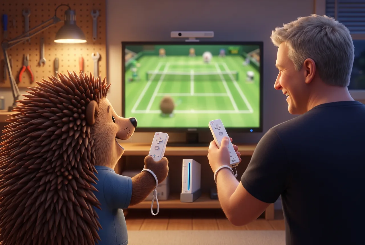 Von hinten aufgenommen: der Nighthog und Martin Ehe schwingen lachend ihre Wii-Fernbedienungen vor dem Fernseher, auf dem ein Tennisspiel läuft; darunter steht die weiße Konsole