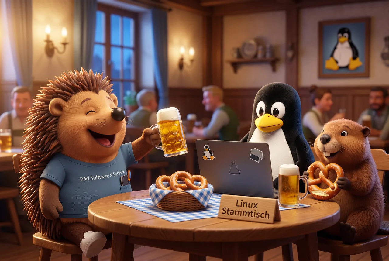 Der Nighthog stößt am Wirtshaustisch mit Tux und einem Biber an, daneben ein Schild „Linux Stammtisch“, ein Brezenkorb und ein Laptop mit Tux-Aufkleber.